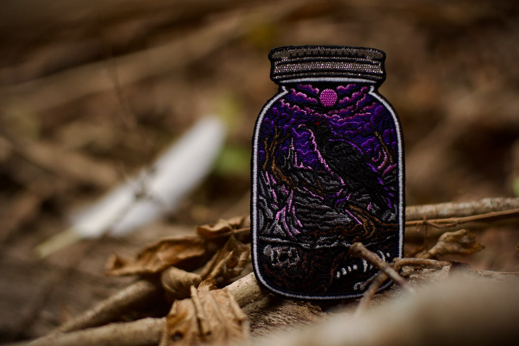 Life in a Jar v6 embroidered patch - raven in mason jar under purple sky